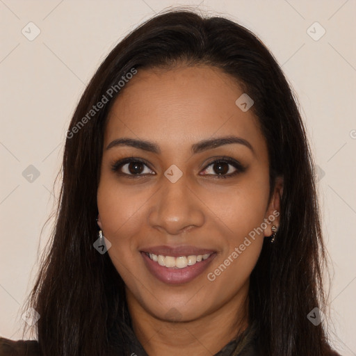 Joyful latino young-adult female with long  brown hair and brown eyes