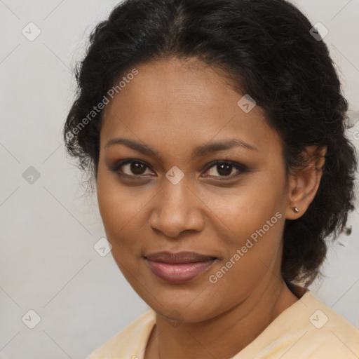 Joyful black young-adult female with medium  brown hair and brown eyes