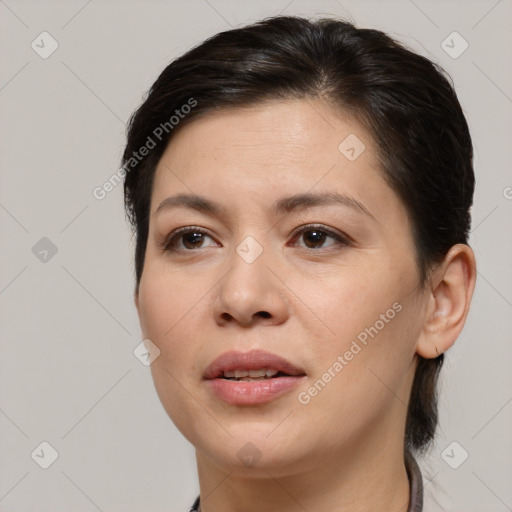 Joyful white young-adult female with medium  brown hair and brown eyes