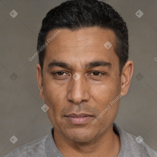 Neutral white adult male with short  black hair and brown eyes