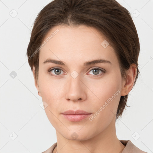 Neutral white young-adult female with medium  brown hair and grey eyes