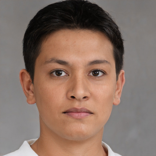 Neutral asian young-adult male with short  brown hair and brown eyes