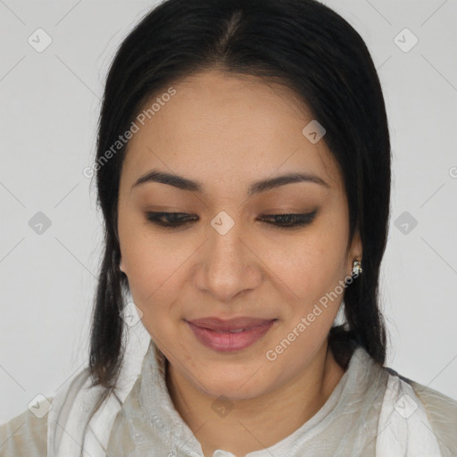 Joyful latino young-adult female with medium  brown hair and brown eyes