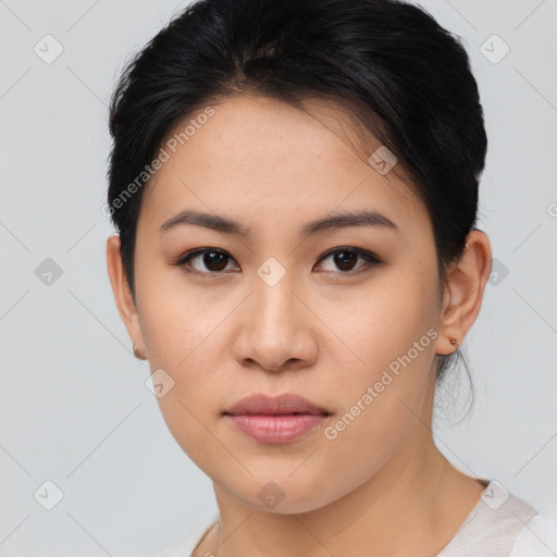 Neutral asian young-adult female with short  brown hair and brown eyes