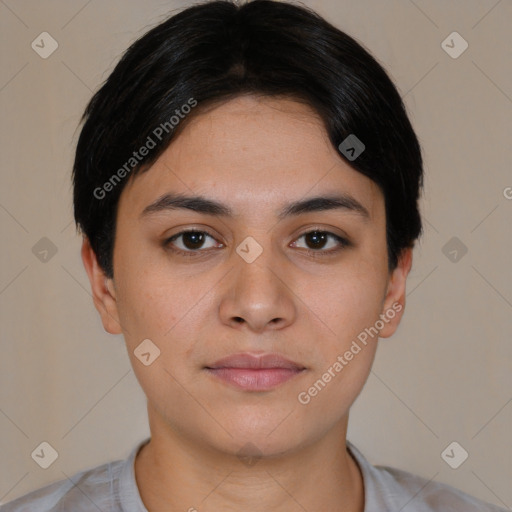 Neutral white young-adult female with short  brown hair and brown eyes