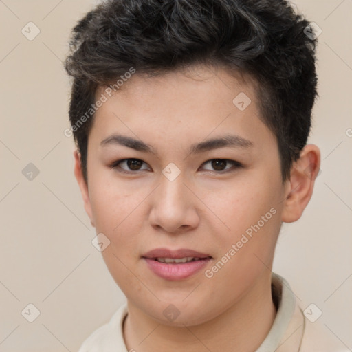 Joyful white young-adult female with short  brown hair and brown eyes