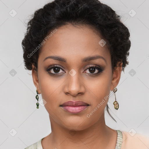 Joyful latino young-adult female with short  brown hair and brown eyes