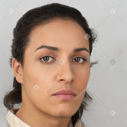 Neutral white young-adult female with medium  brown hair and brown eyes