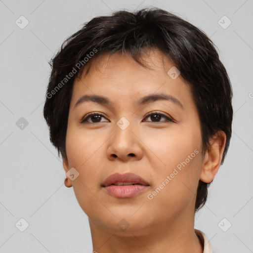 Joyful latino young-adult female with short  brown hair and brown eyes