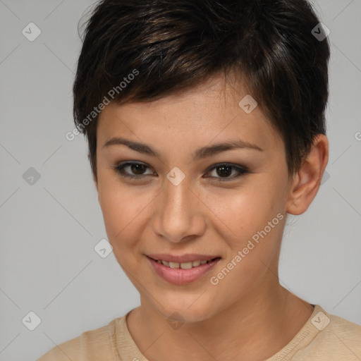 Joyful asian young-adult female with short  brown hair and brown eyes