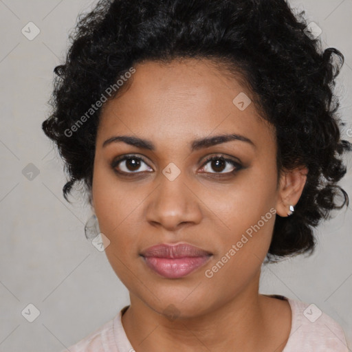 Joyful black young-adult female with medium  black hair and brown eyes