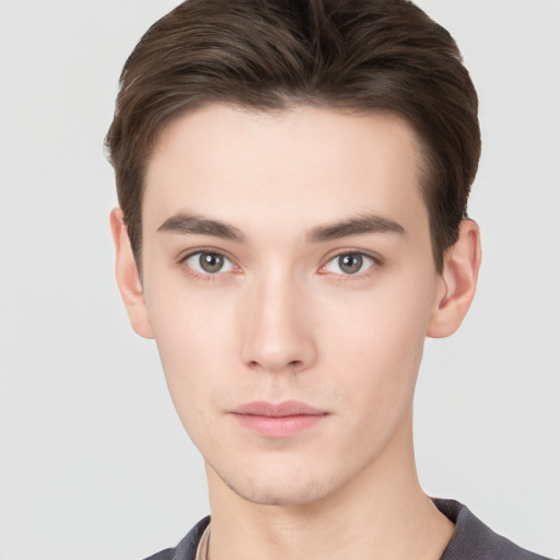 Neutral white young-adult male with short  brown hair and brown eyes