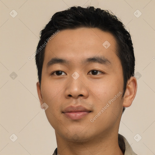 Neutral asian young-adult male with short  black hair and brown eyes