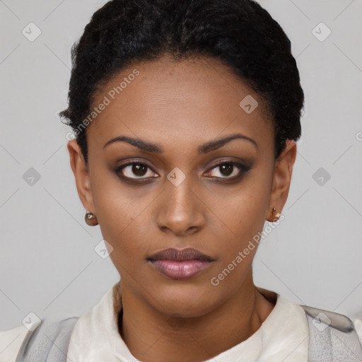 Neutral black young-adult female with short  black hair and brown eyes