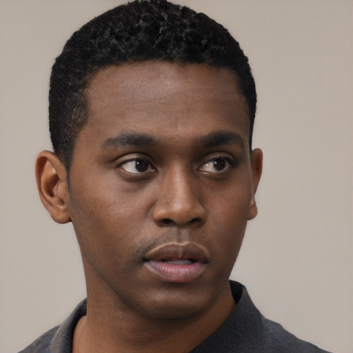 Neutral black young-adult male with short  black hair and brown eyes