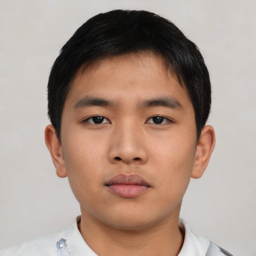 Neutral asian young-adult male with short  black hair and brown eyes