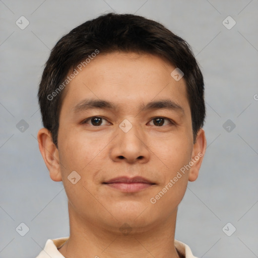 Neutral asian young-adult male with short  brown hair and brown eyes