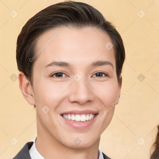 Joyful white young-adult female with short  brown hair and brown eyes