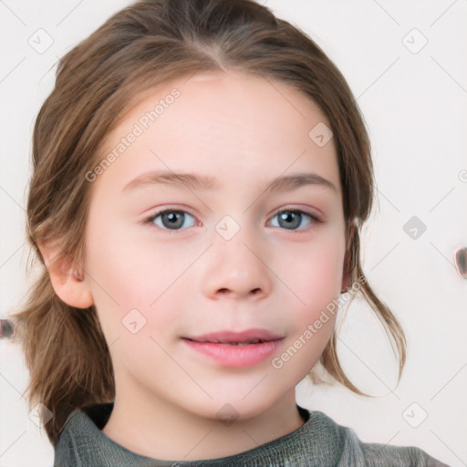 Neutral white child female with medium  brown hair and grey eyes