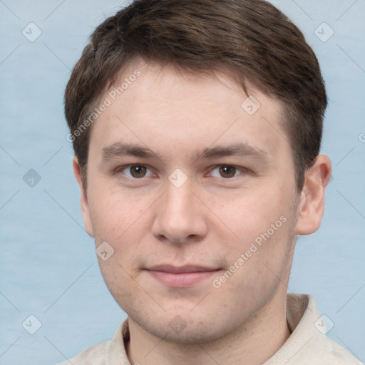 Neutral white young-adult male with short  brown hair and brown eyes