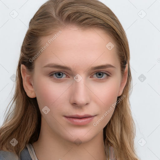 Neutral white young-adult female with long  brown hair and blue eyes