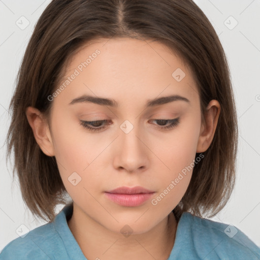 Neutral white young-adult female with medium  brown hair and brown eyes