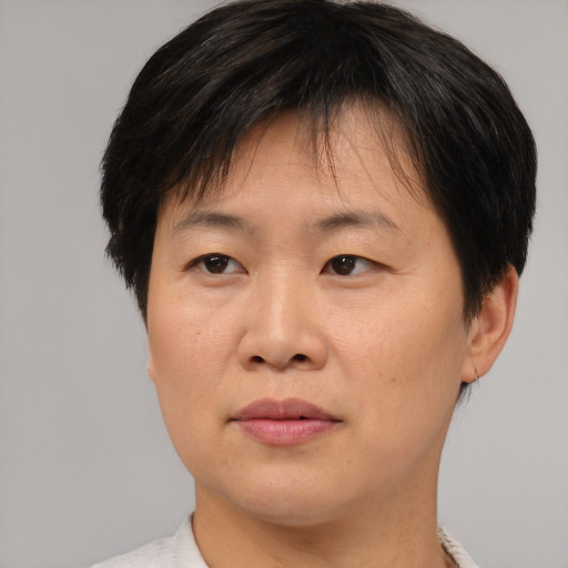 Joyful asian adult female with short  brown hair and brown eyes
