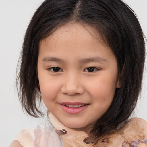 Joyful white child female with medium  brown hair and brown eyes