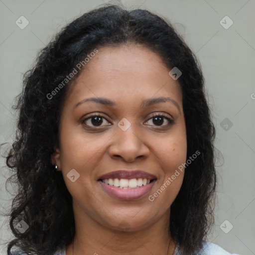 Joyful black young-adult female with medium  brown hair and brown eyes