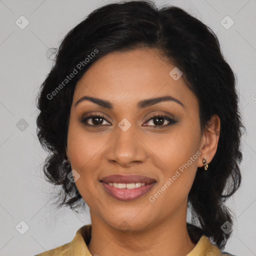 Joyful latino young-adult female with medium  brown hair and brown eyes