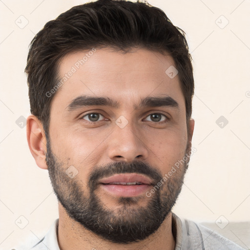 Neutral white young-adult male with short  brown hair and brown eyes