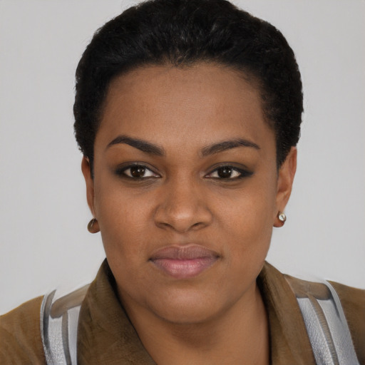 Neutral black young-adult female with short  black hair and brown eyes