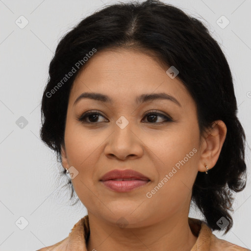 Joyful latino young-adult female with medium  brown hair and brown eyes