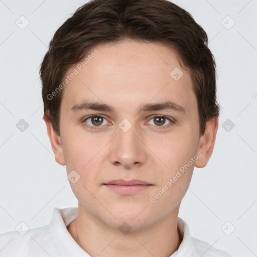 Neutral white young-adult male with short  brown hair and brown eyes