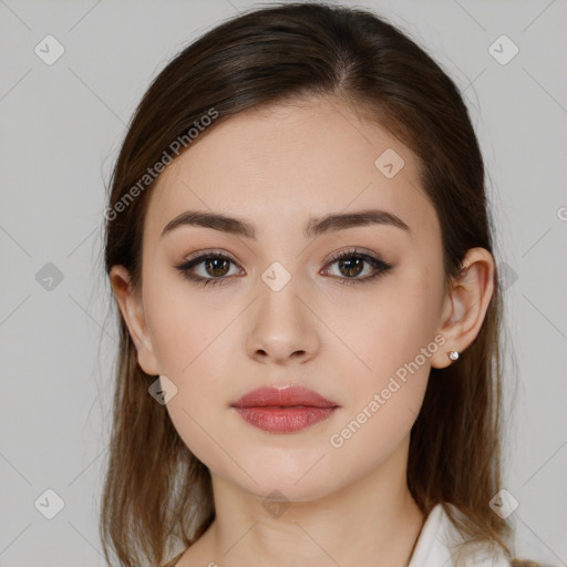 Neutral white young-adult female with medium  brown hair and brown eyes