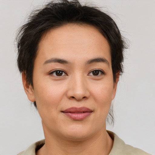 Joyful asian young-adult female with short  brown hair and brown eyes