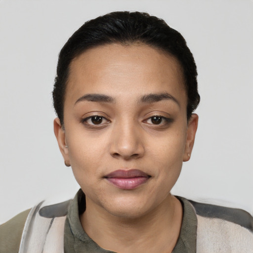 Neutral latino young-adult female with short  black hair and brown eyes