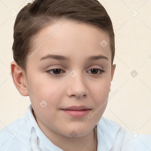 Joyful white child female with medium  brown hair and brown eyes