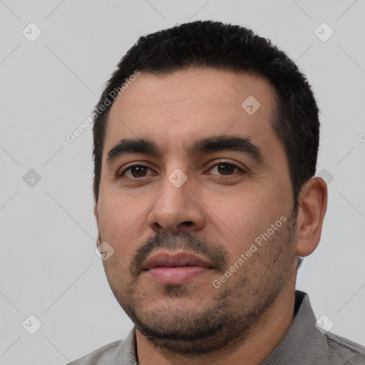 Neutral white young-adult male with short  black hair and brown eyes