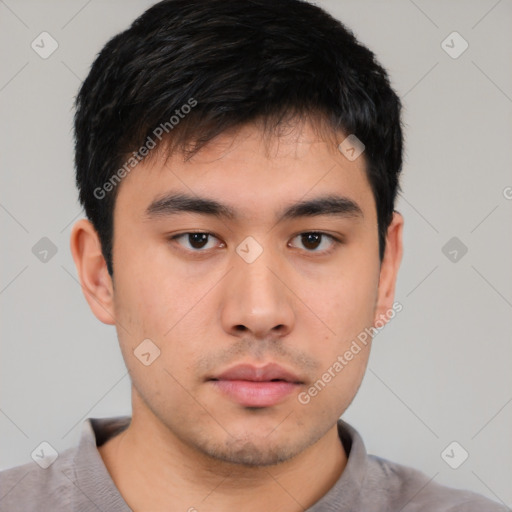 Neutral asian young-adult male with short  black hair and brown eyes