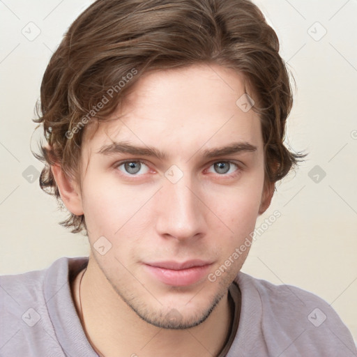 Neutral white young-adult male with short  brown hair and grey eyes