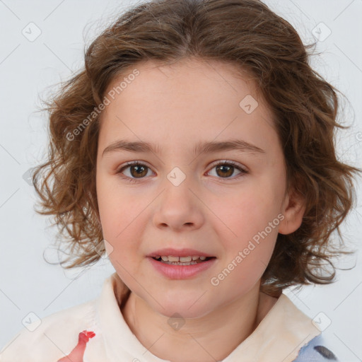 Joyful white child female with medium  brown hair and brown eyes