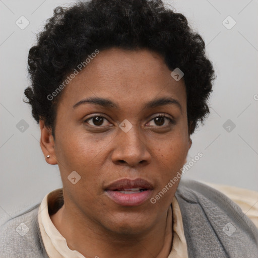 Neutral black young-adult female with short  brown hair and brown eyes