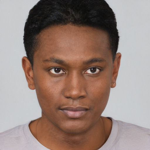 Neutral black young-adult male with short  brown hair and brown eyes