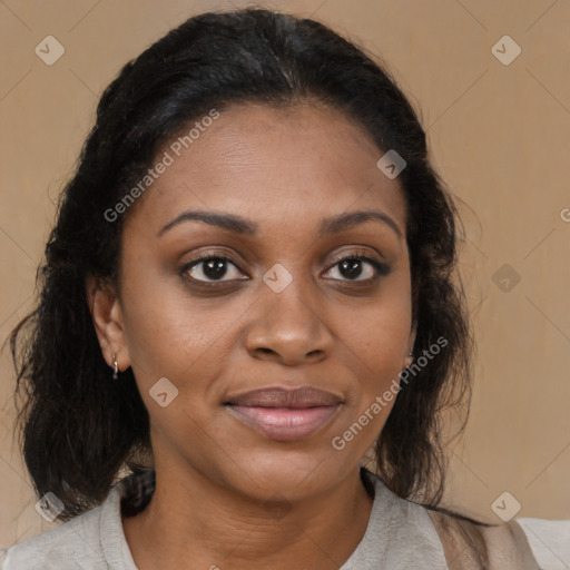 Joyful black young-adult female with medium  brown hair and brown eyes