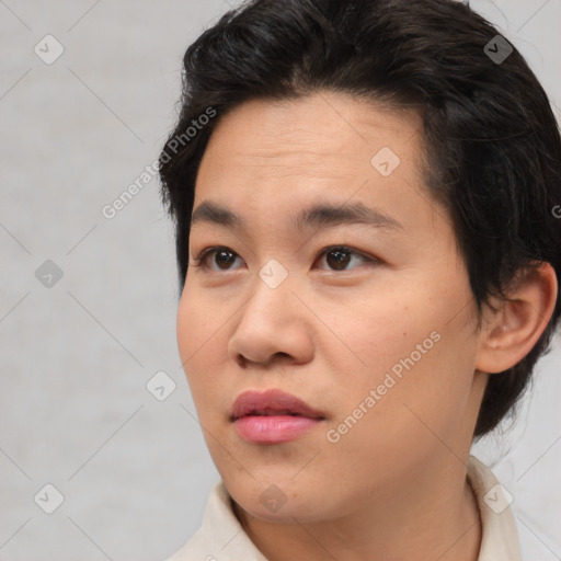 Neutral white young-adult female with medium  brown hair and brown eyes