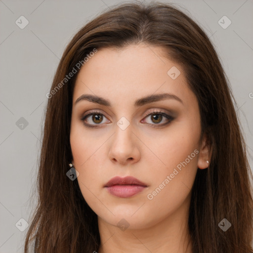 Neutral white young-adult female with long  brown hair and brown eyes