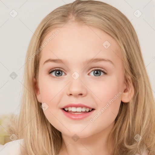 Joyful white child female with long  brown hair and brown eyes