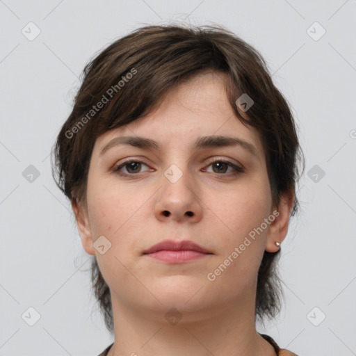 Neutral white young-adult female with medium  brown hair and brown eyes