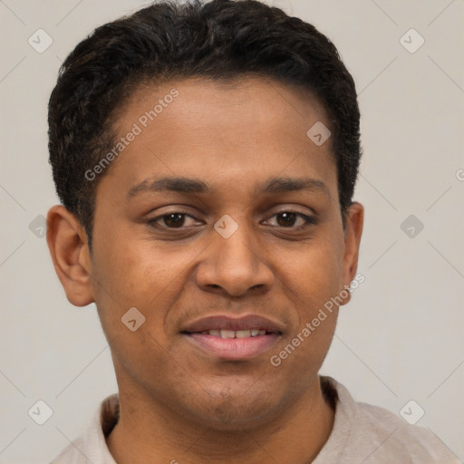Joyful latino young-adult male with short  brown hair and brown eyes